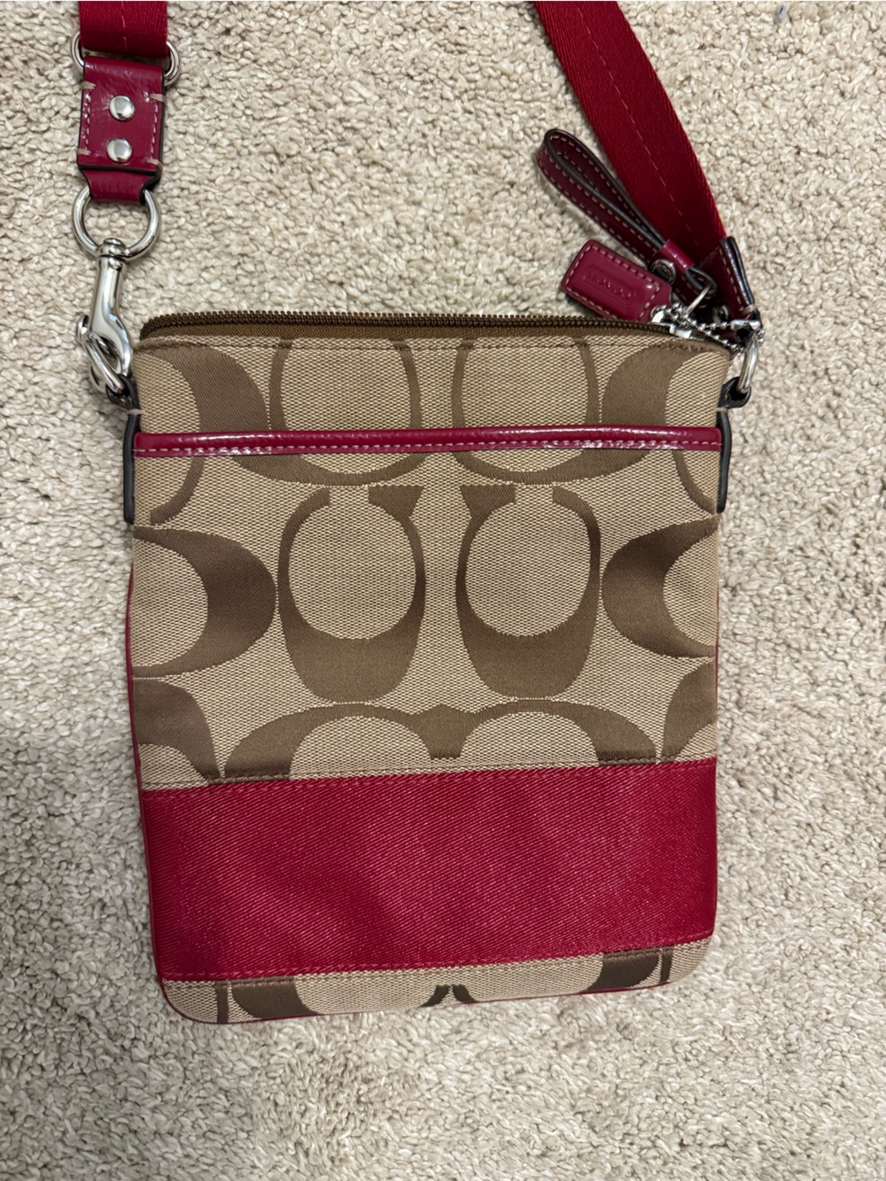Coach Khaki Signature Crossbody with Red Trim